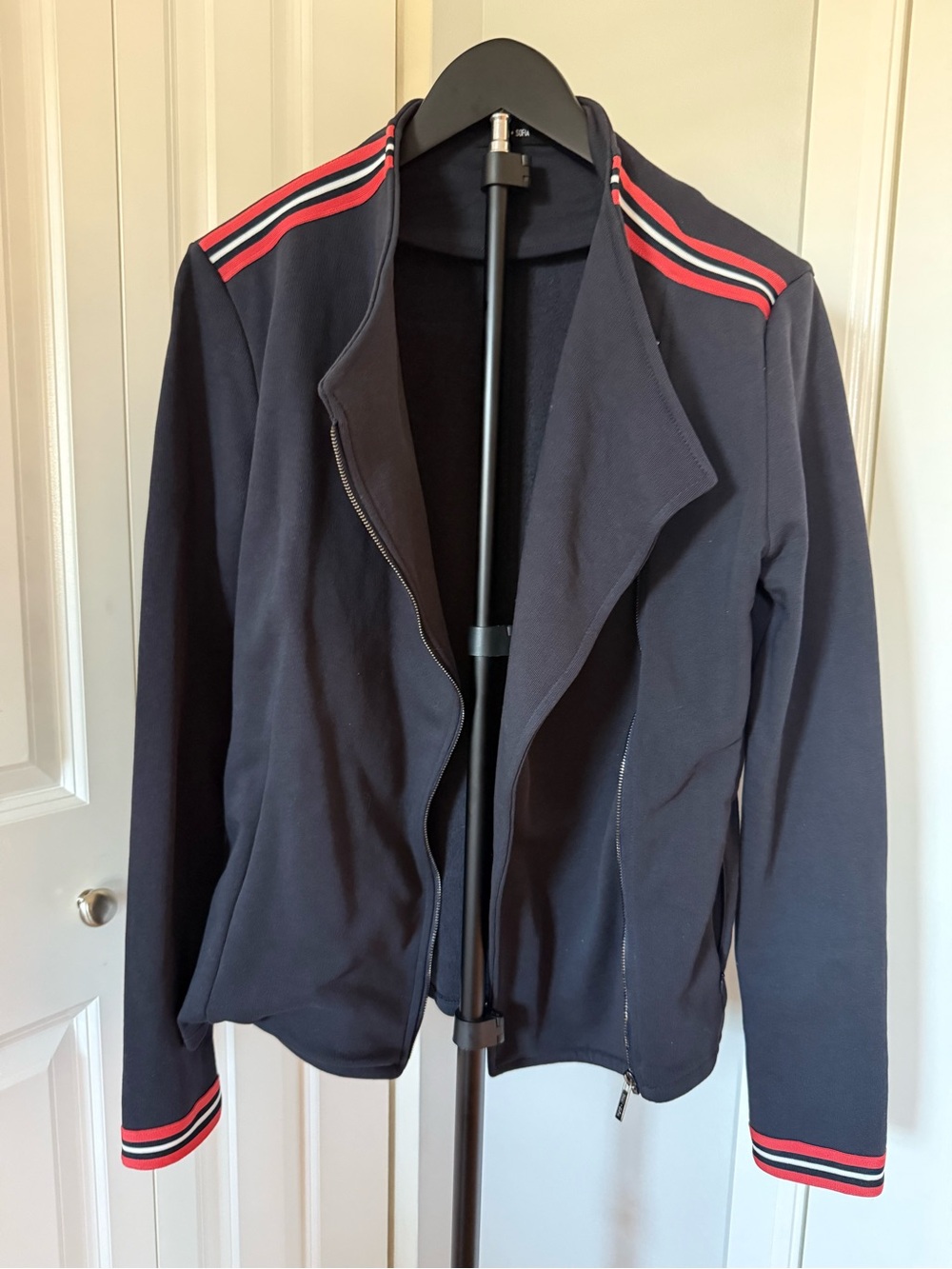 Navy Bomber Jacket with Red Stripe Accent